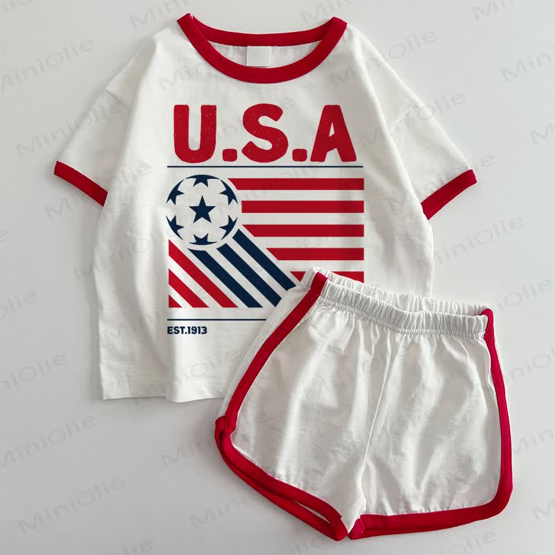 Completo 2 pezzi per neonati e bambini piccoli, prodotto negli Stati Uniti nel 1913: maglietta e pantaloncini. - Bianco e Rosso - 3-5T - image 1
