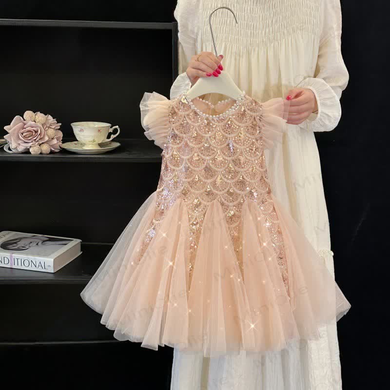 Vestito con maniche a palloncino in rete con paillettes per bambina - image 3