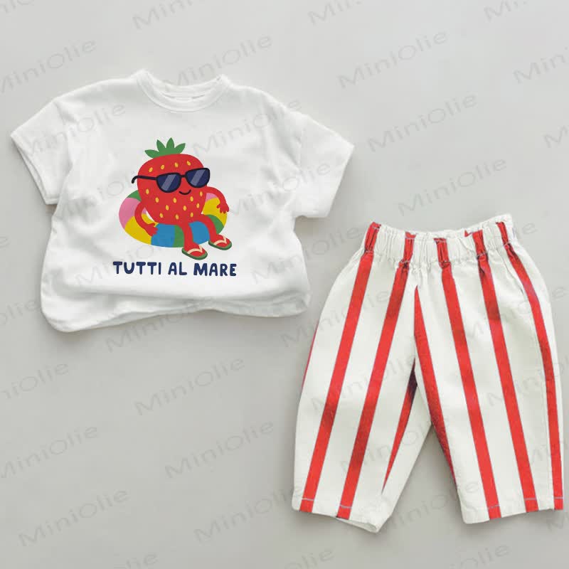 TUTTI AL MARE Completo 2 pezzi per neonati con stampa fragola e righe rosse - Bianco e Rosso - 2-3T - image 1