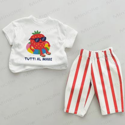 TUTTI AL MARE Completo 2 pezzi per neonati con stampa fragola e righe rosse - Bianco e Rosso - 2-3T - image 1