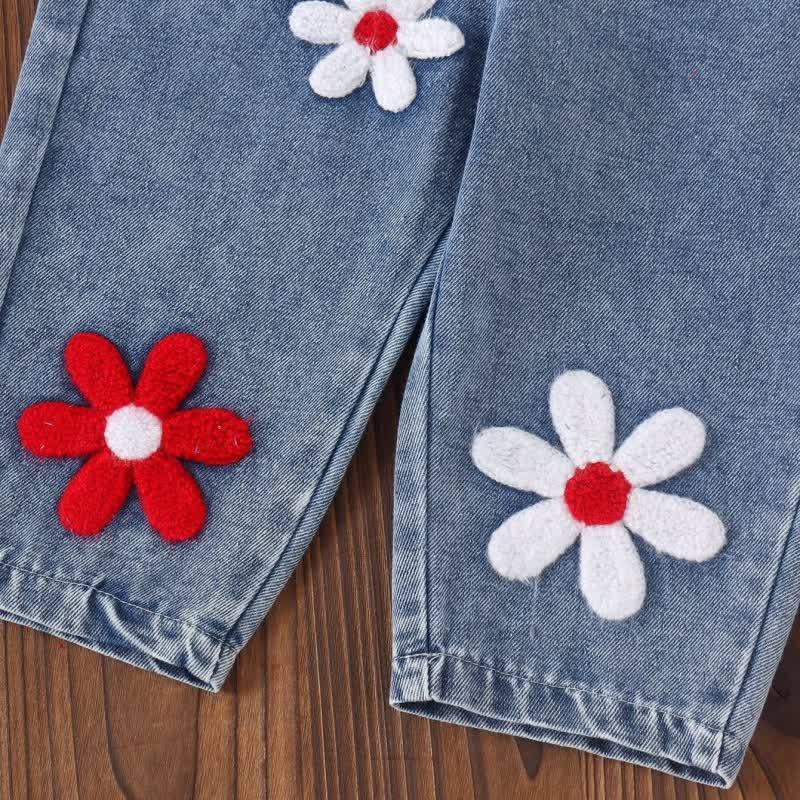 Completo da bambina composto da top a righe e salopette in denim con stampa floreale, due pezzi. - image 9