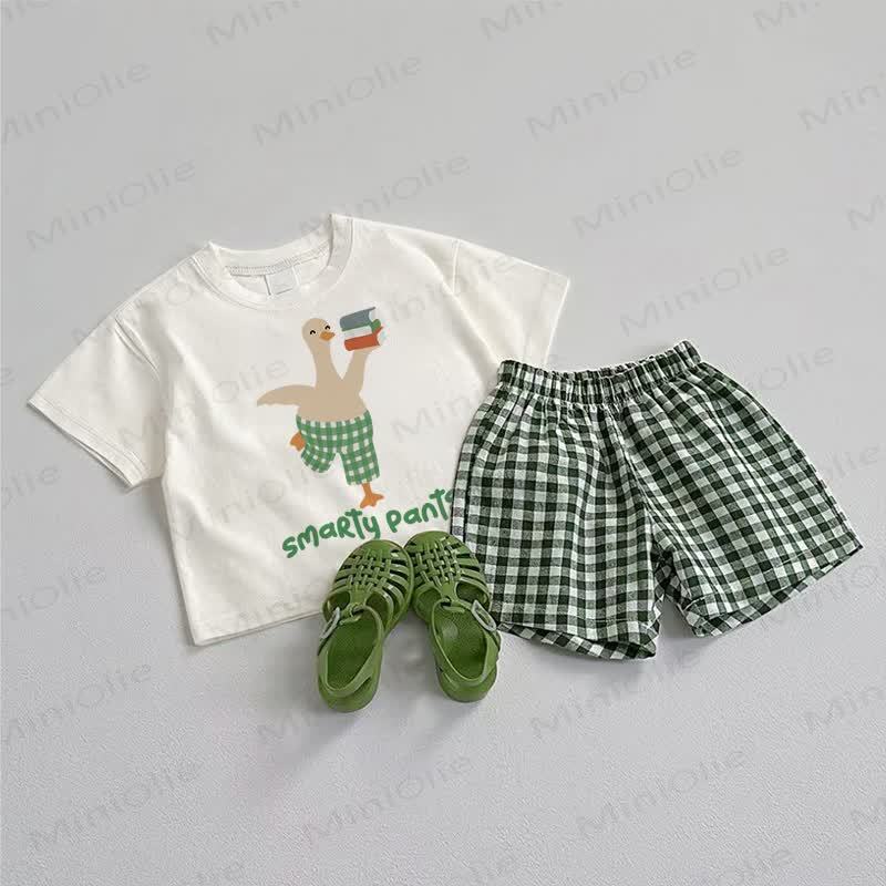 Completo due pezzi SMARTY PANTS con maglietta Baby Duck e pantaloncini a quadri. - Bianco e Verde - 3-5T - image 1