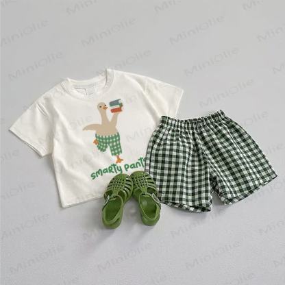 Completo due pezzi SMARTY PANTS con maglietta Baby Duck e pantaloncini a quadri. - Bianco e Verde - 3-5T - image 1