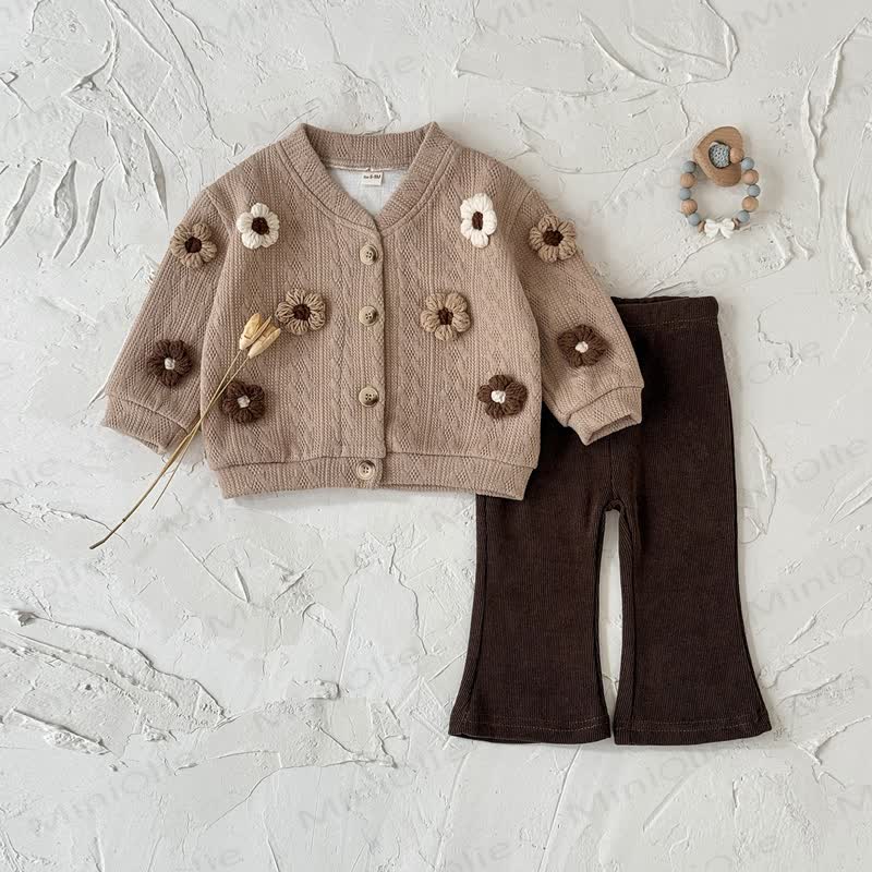Set da 2 pezzi in maglia a fiori per bambini, marrone scuro - image 9