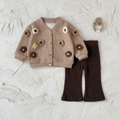 Set da 2 pezzi in maglia a fiori per bambini, marrone scuro - image 9