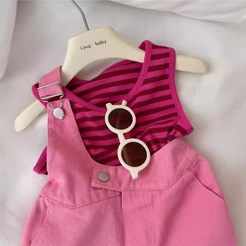 Completo senza maniche in maglia a righe di denim per bambina - image 4