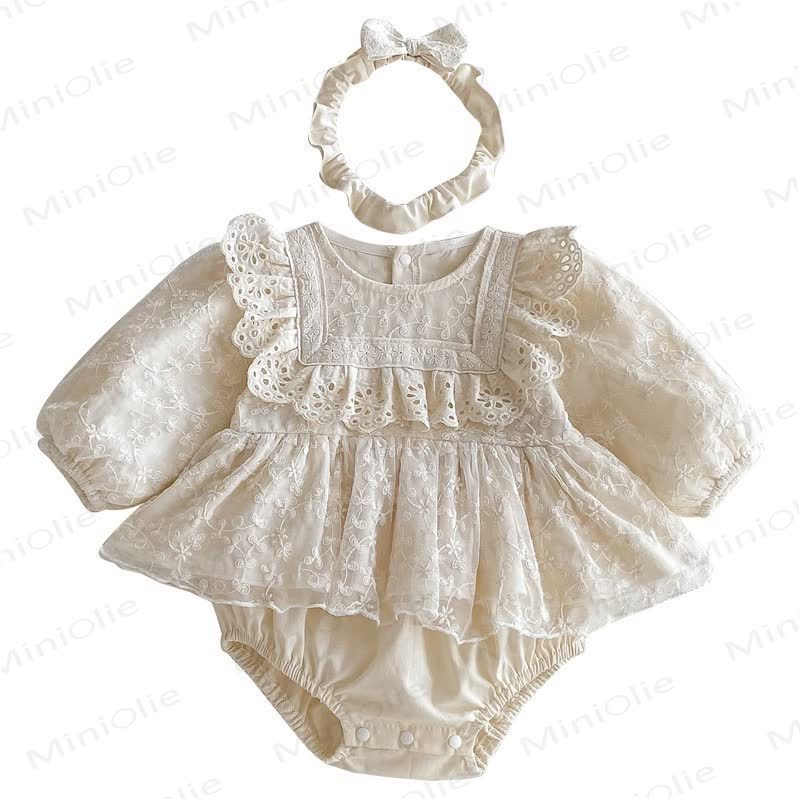 Body beige con gonna in pizzo e fascia per capelli per neonati - image 4