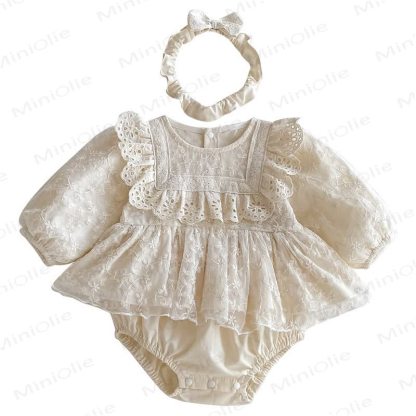 Body beige con gonna in pizzo e fascia per capelli per neonati - image 4