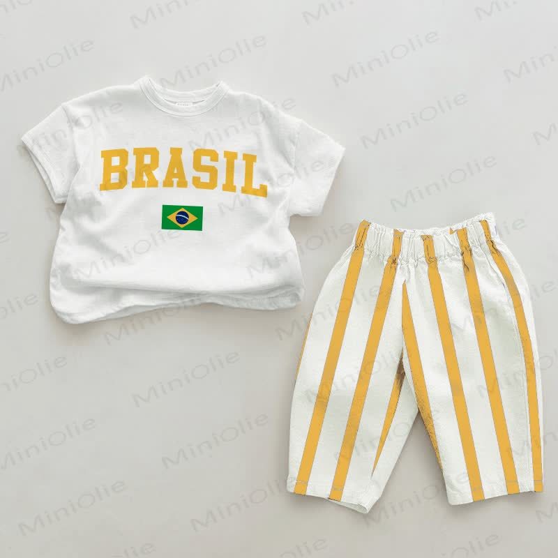 Completo da 2 pezzi a righe verticali giallo pastello BRASIL - Bianco e Giallo - 2-3T - image 1