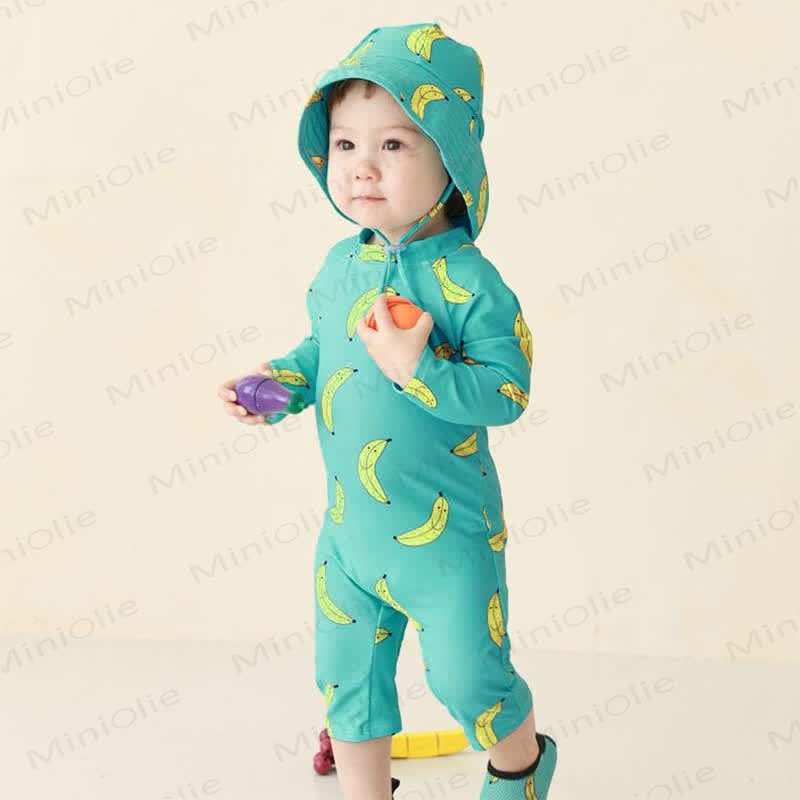 Costume da bagno per bambini con motivo mela e banana e cappello parasole - Verde - 6-7T - image 4