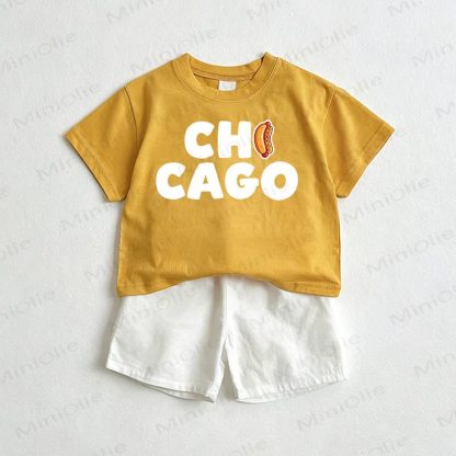 Completo da 2 pezzi per neonati CHICAGO con maglietta e pantaloncini a tema hot dog. - Giallo e bianco - 3-5T - image 1