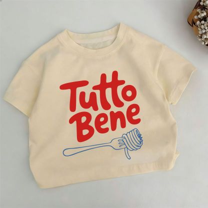 Maglietta color kaki TUTTO BENE per bambini con stampa di forchetta e pasta. - Cachi - 6-7T - image 1