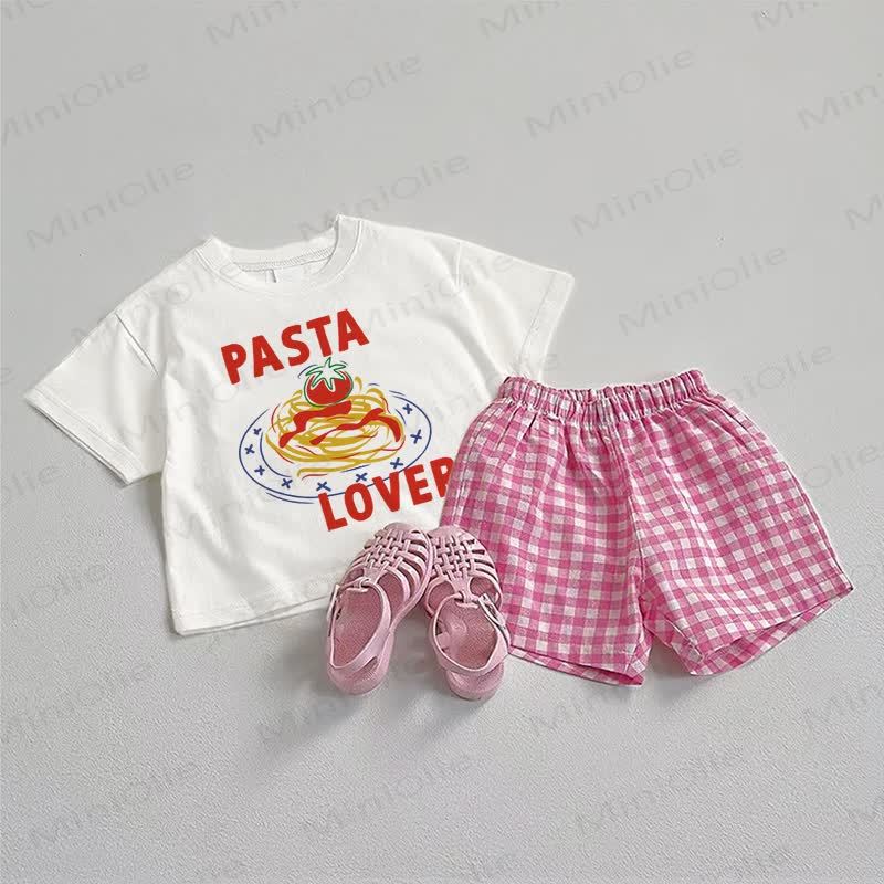 Completo due pezzi PASTA LOVER composto da maglietta rosa chiaro e pantaloncini a quadri. - Bianco e rosa - 3-5T - image 1