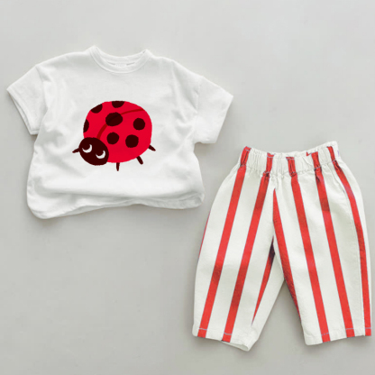 Completo da 2 pezzi Baby Red Ladybug a righe verticali - Bianco e Rosso - 2-3T - image 1