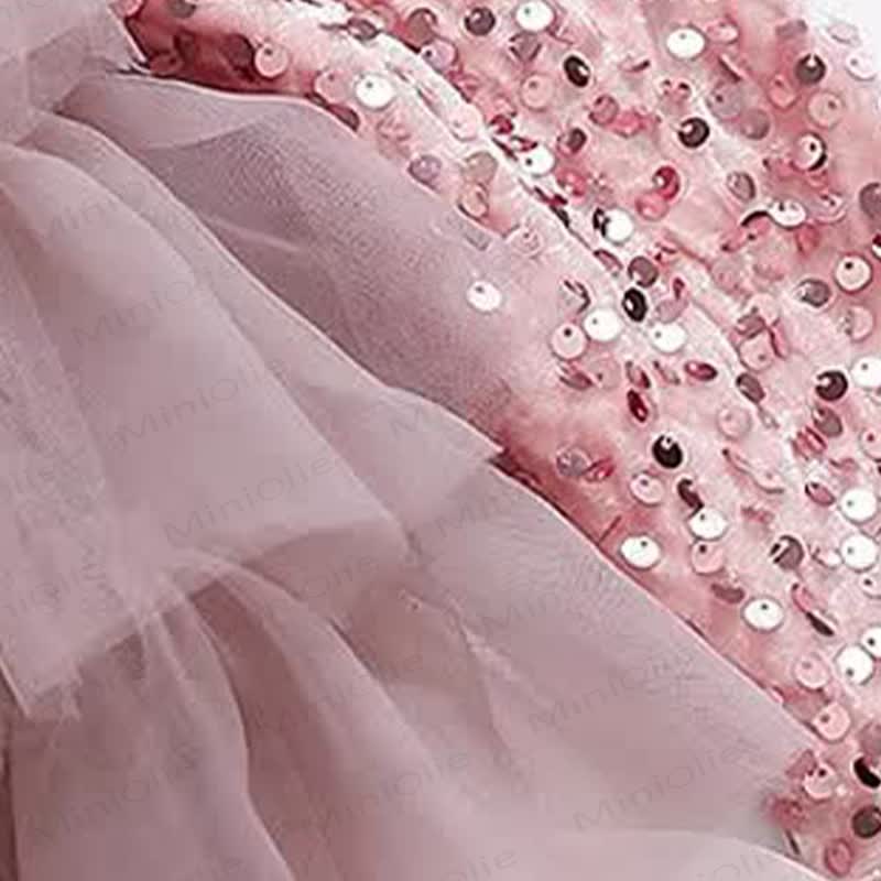 Vestito da bambina con paillettes in rete e velo a fiocco - image 9