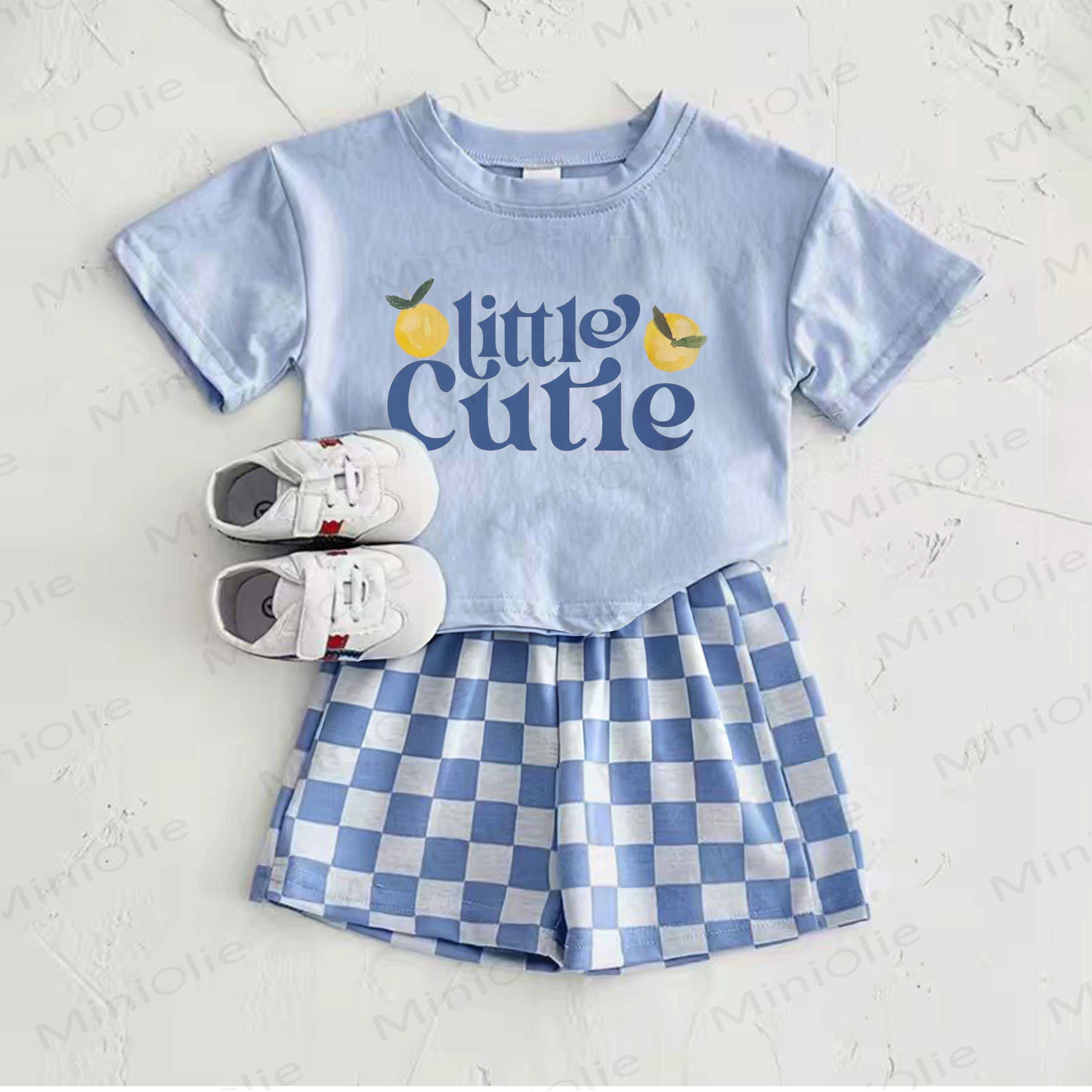 Completo LITTLE CUTIE composto da t-shirt azzurra con stampa limoni e pantaloni a quadri (2 pezzi). - Blu - 2-3T - image 1