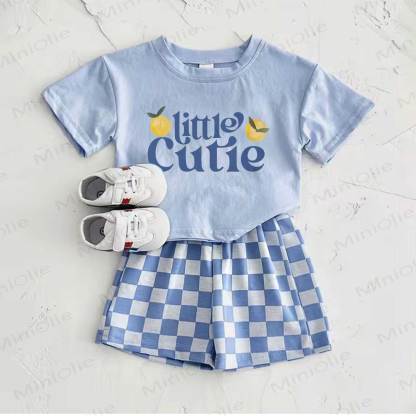 Completo LITTLE CUTIE composto da t-shirt azzurra con stampa limoni e pantaloni a quadri (2 pezzi). - Blu - 2-3T - image 1