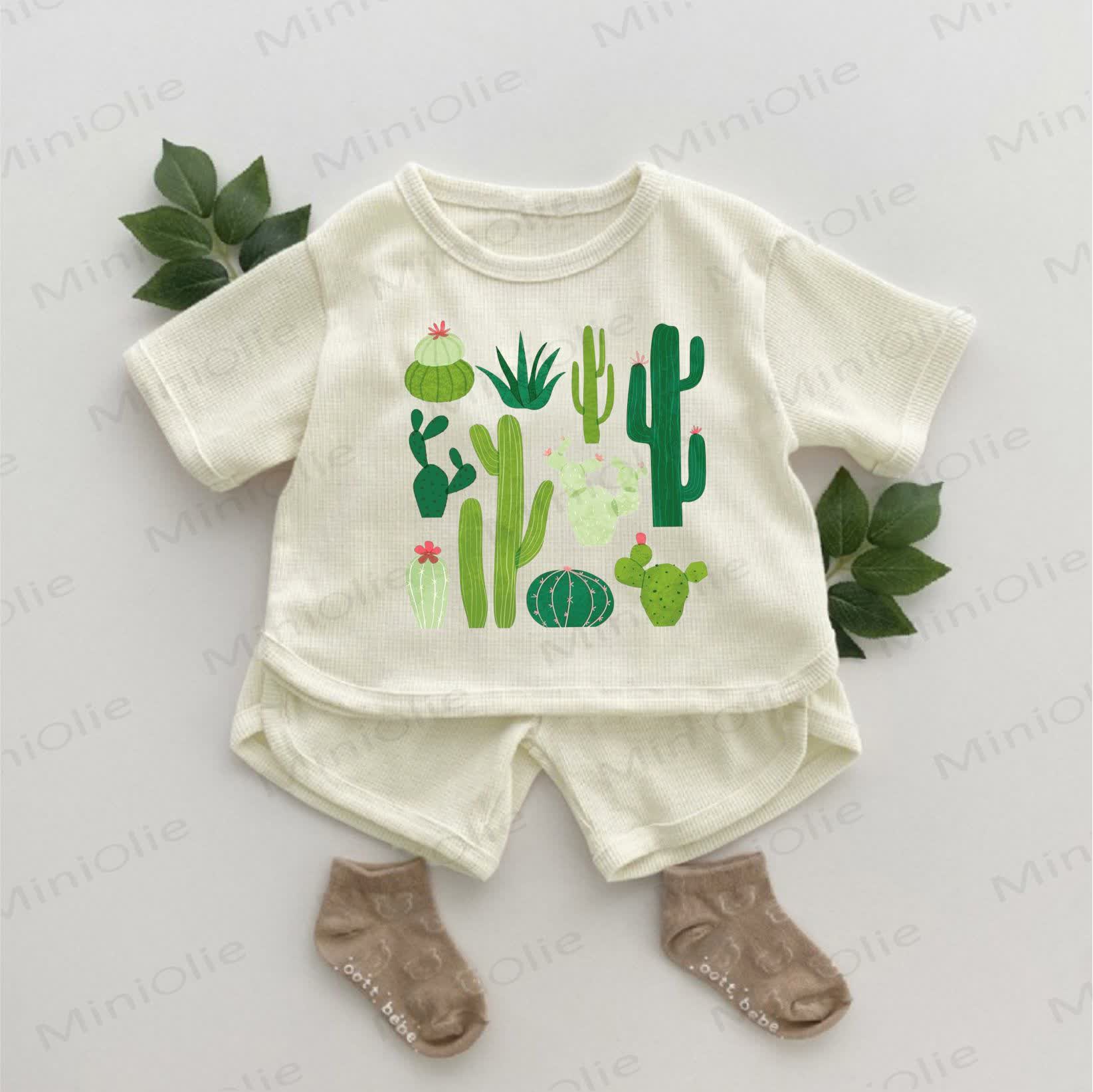 Set di 2 pezzi con stampa di cactus baby a nido d'ape - Albicocca - 2-3T - image 1