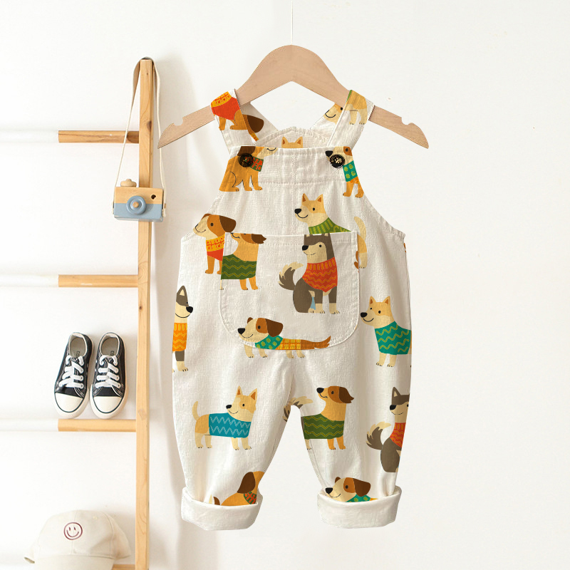 Salopette beige per neonati e bambini con stampa di cani e tasche - Beige - 3-5T - image 1
