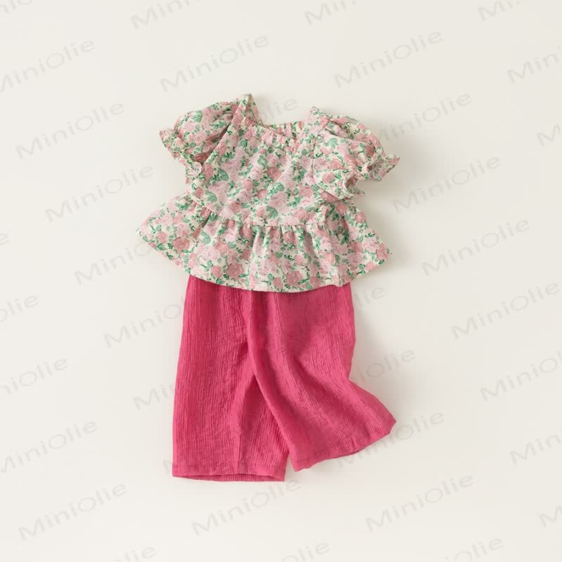Completo top con maniche a sbuffo e pantaloni a gamba larga per bambini - image 4