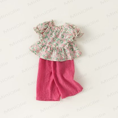 Completo top con maniche a sbuffo e pantaloni a gamba larga per bambini - image 4