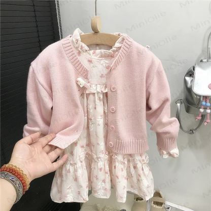 Vestito beige a fiori per bambina/Cardigan rosa - image 3