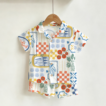 Completo per neonati e bambini piccoli con maglietta e pantaloncini con stampa a tema cibo. - Bianco - 4-5T - image 1