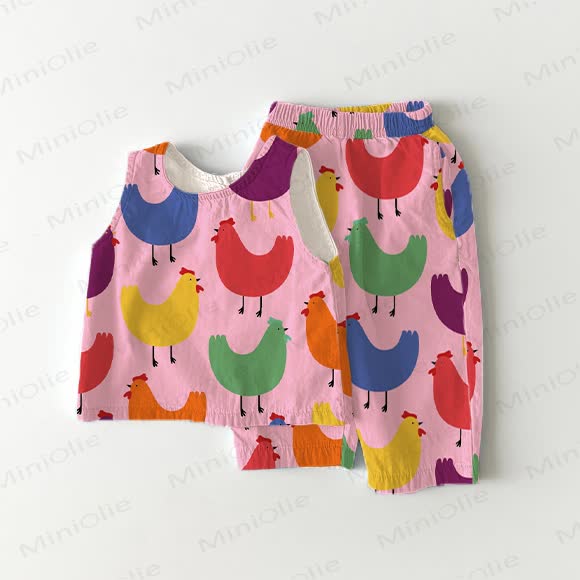 Completo da 2 pezzi senza maniche multicolore con stampa di pollo per neonati e bambini piccoli - Rosa - 3-5T - image 1