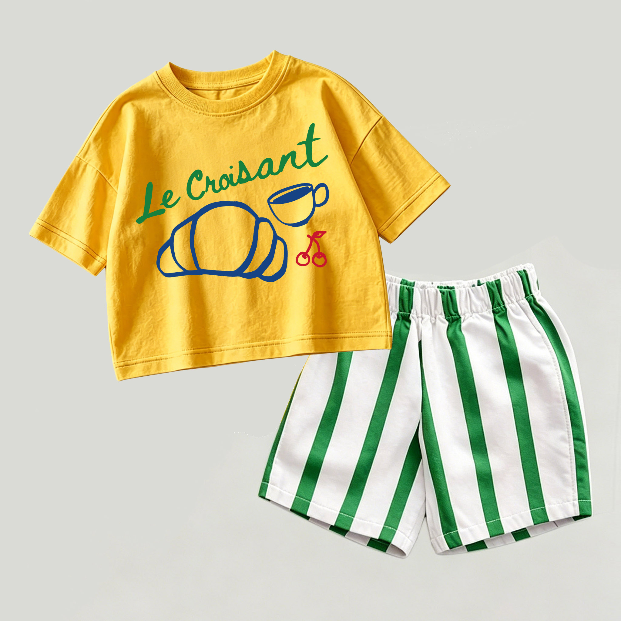 Completo due pezzi LE CROISSANT composto da top giallo e verde e pantaloncini a righe. - Giallo e verde - 2-3T - image 1