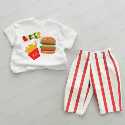 Set da 2 pezzi con stampa hamburger per bambini BURGER e strisce rosse. - Bianco e Rosso - 2-3T - image 1