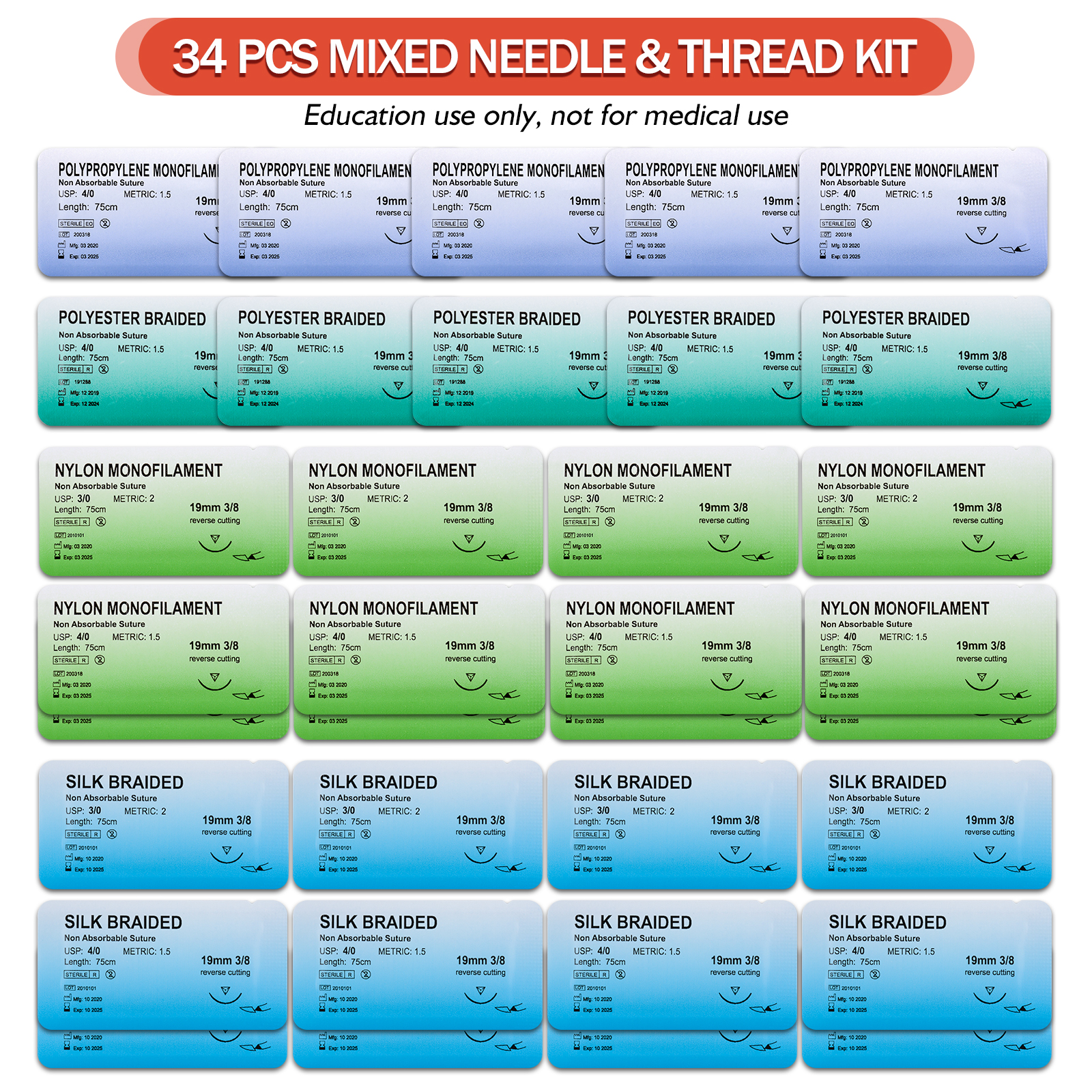 SimCoach Suture Practice Kit(48 Pcs), Suture Kit for Student Training Use