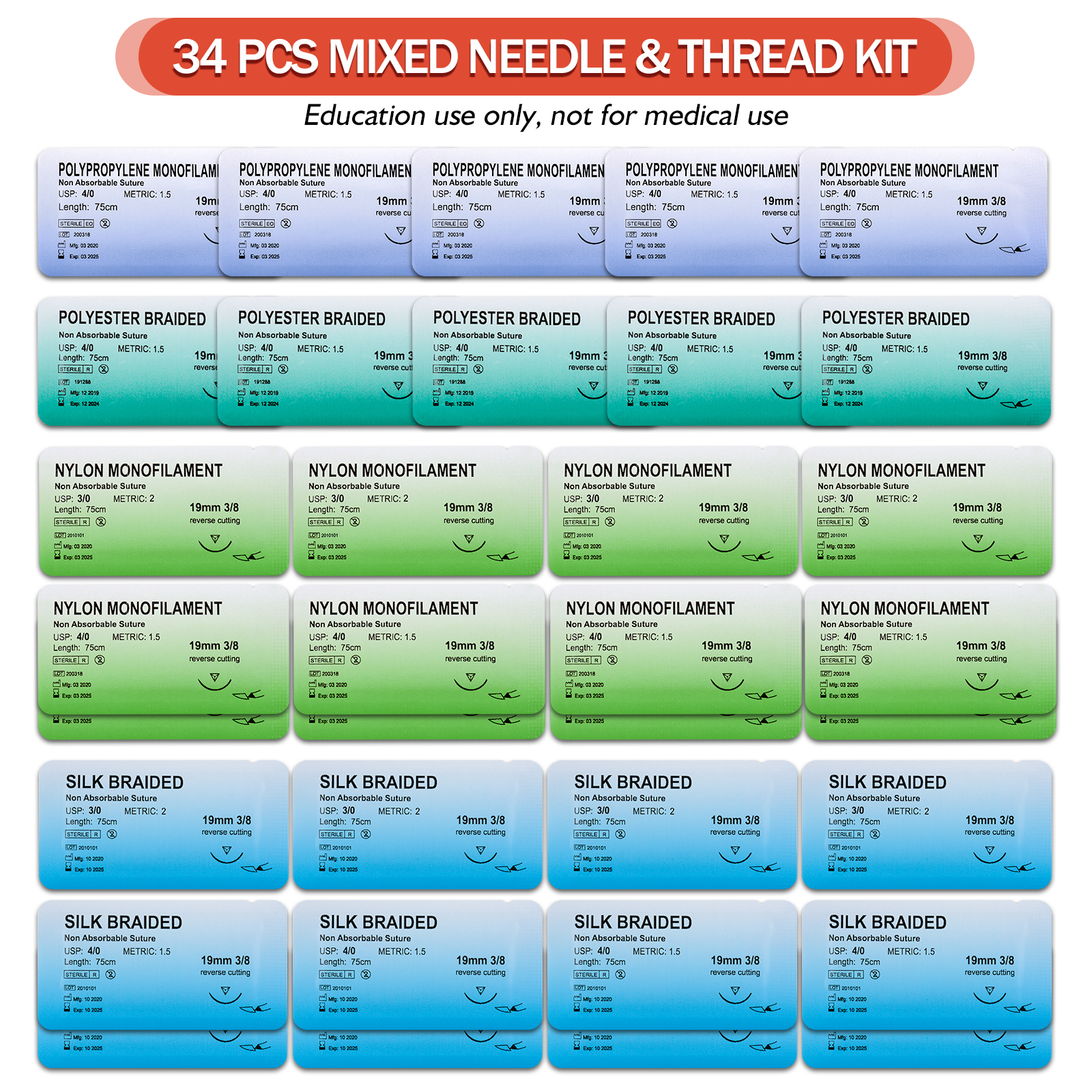 SimCoach Suture Practice Kit(48 Pcs), Suture Kit for Student Training Use