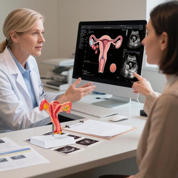 Doctor Using 3D Uterus Model For Patient Instruction