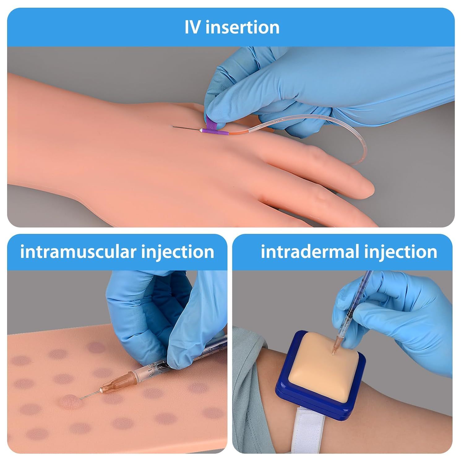 Injection Practice Kit Showing IV, IM, and ID Models in Use