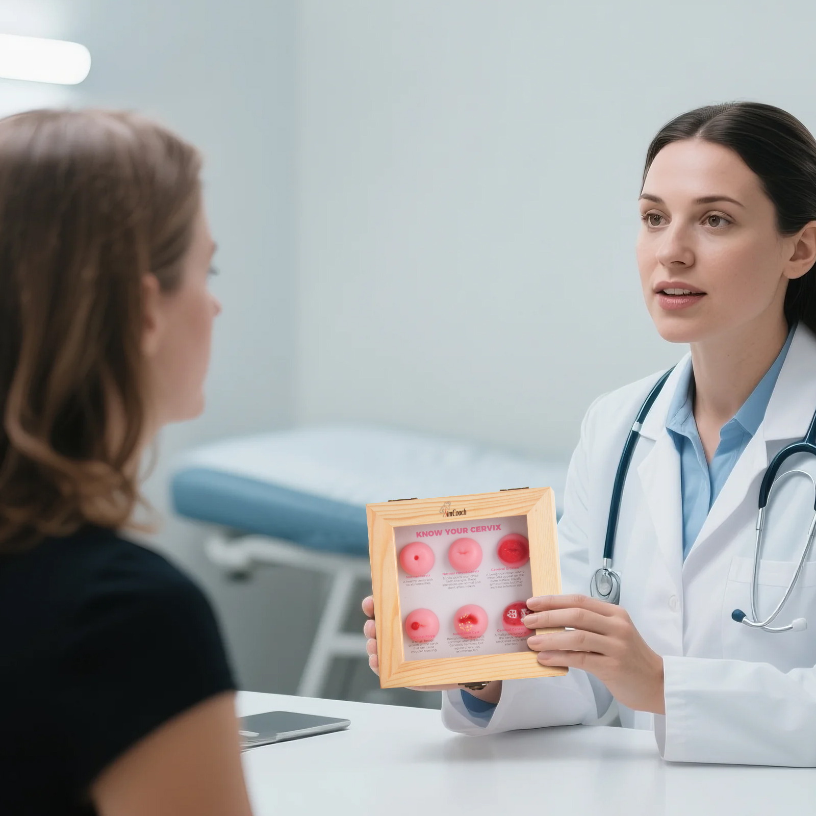 Doctor Explaining Cervical Health Using Anatomical Model To Patient