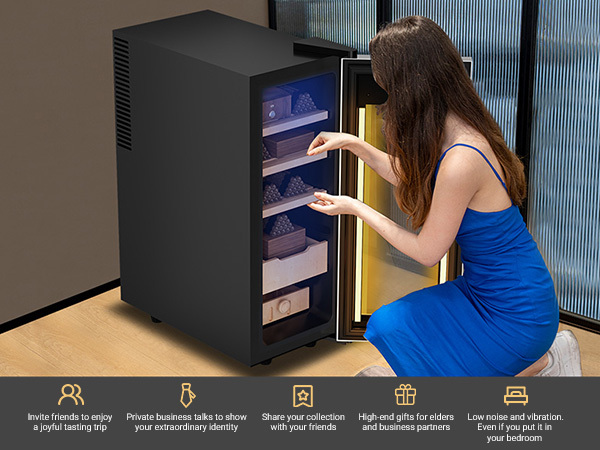 KingChii Upgrade 35L Temperature & Humidity Control Cabinet, Built-in Humidification System with Spanish Cedar Wood Shelves & Drawer Hygrometer Father's Day Gifts For Men,Holds 200 Cigars