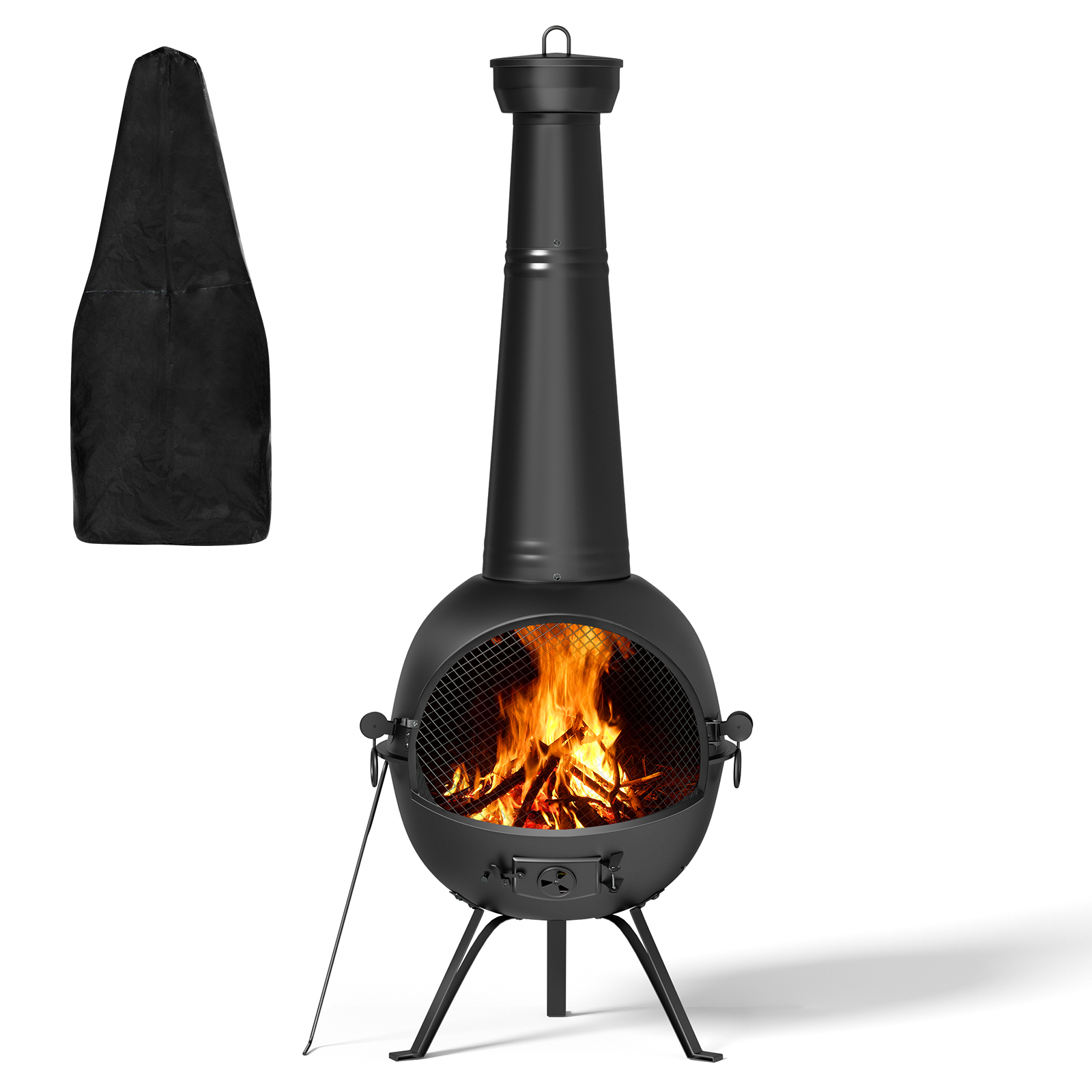 KingChii Chiminea Outdoor Fireplace, Wooden Fire Pit for Patio Backyard with Cover, Black