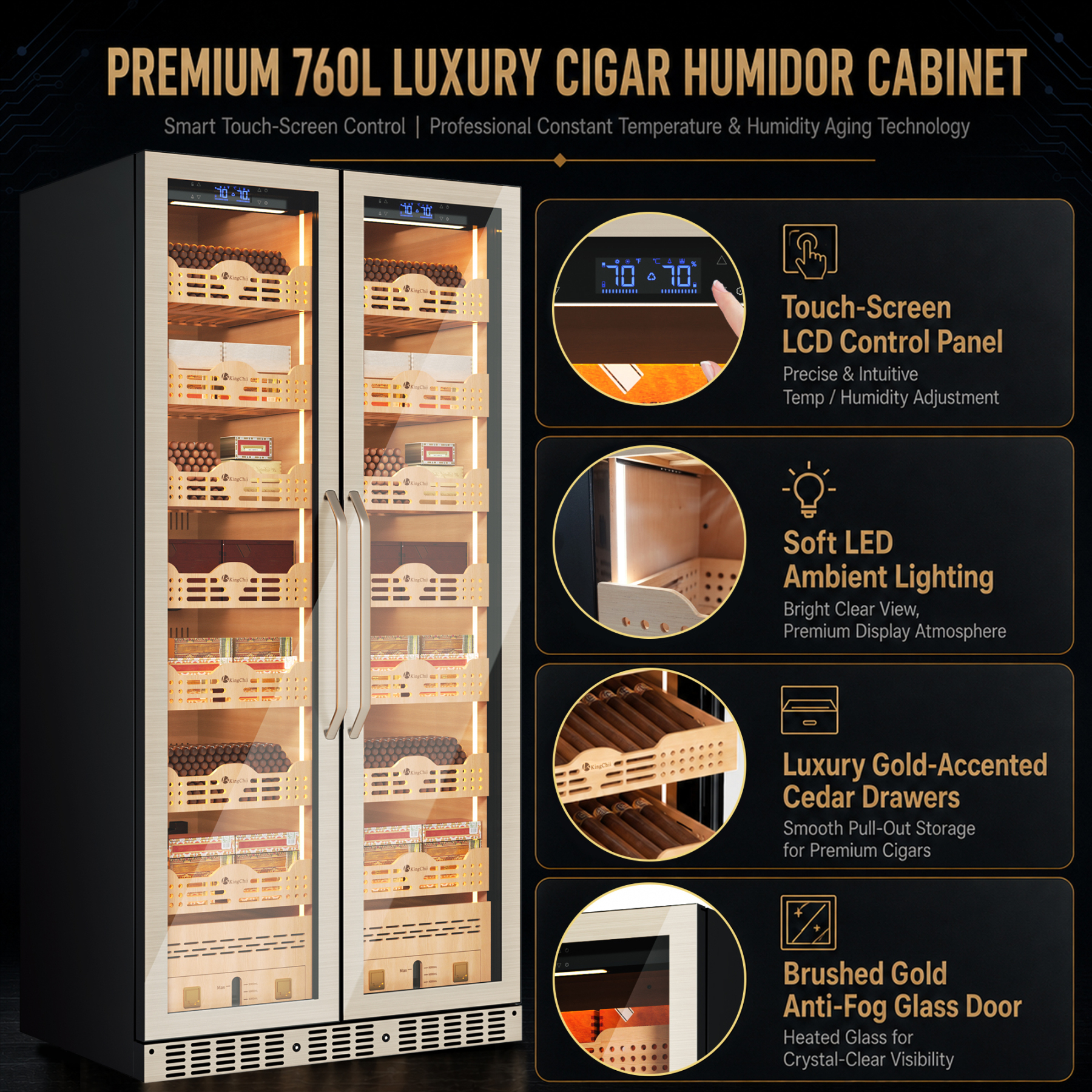 KingChii Pro 760L Dual Zone Compressor Cigar Humidor Cabinet, 4,400-5,600 Cigar Capacity