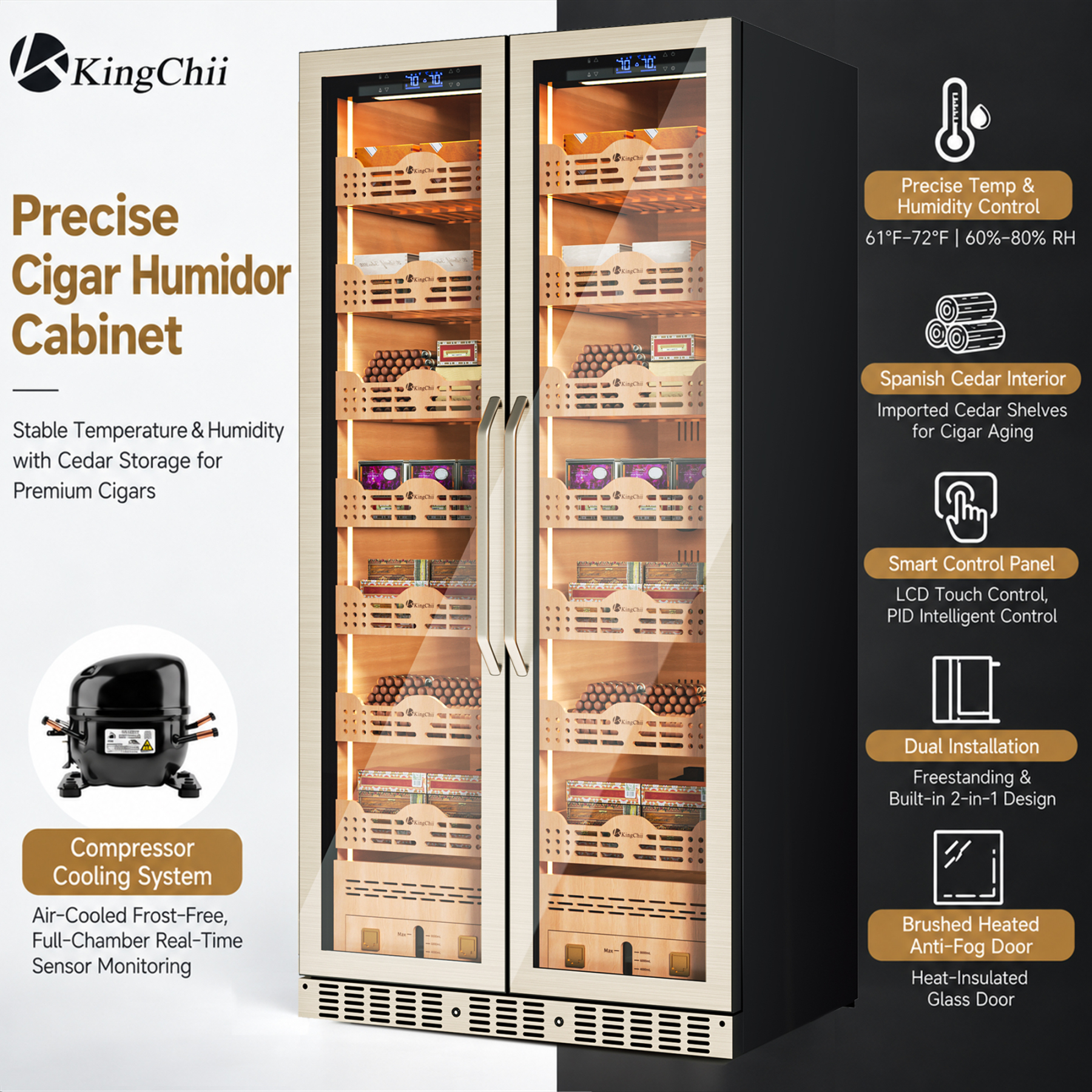 KingChii Pro 760L Dual Zone Compressor Cigar Humidor Cabinet, 4,400-5,600 Cigar Capacity