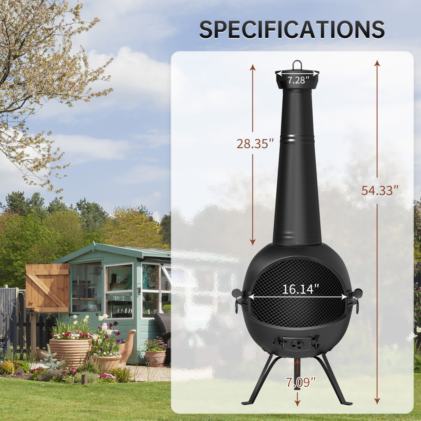 KingChii Chiminea Outdoor Fireplace, Wooden Fire Pit for Patio Backyard with Cover, Black
