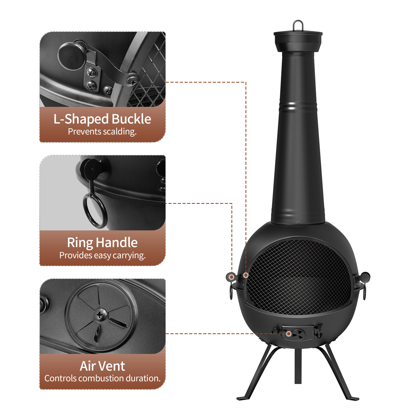 KingChii Chiminea Outdoor Fireplace, Wooden Fire Pit for Patio Backyard with Cover, Black