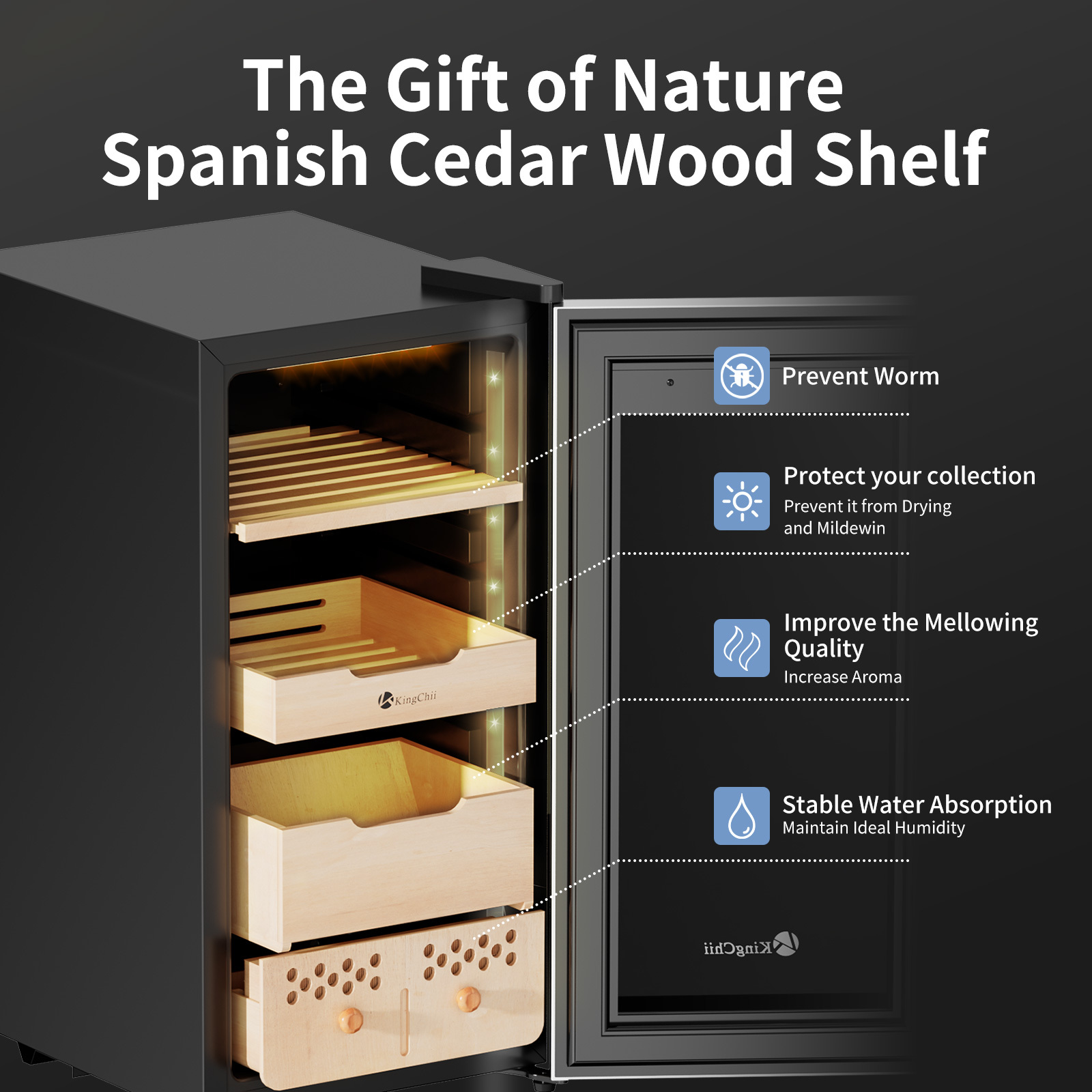 KingChii Upgrade 50L Electric Cigar Humidor, Compressor Temperature (64-72℉) & Humidity (60%-84%) Control, with Spanish Cedar Wood Shelves & Drawer, Gifts for Men (400 Cigars)