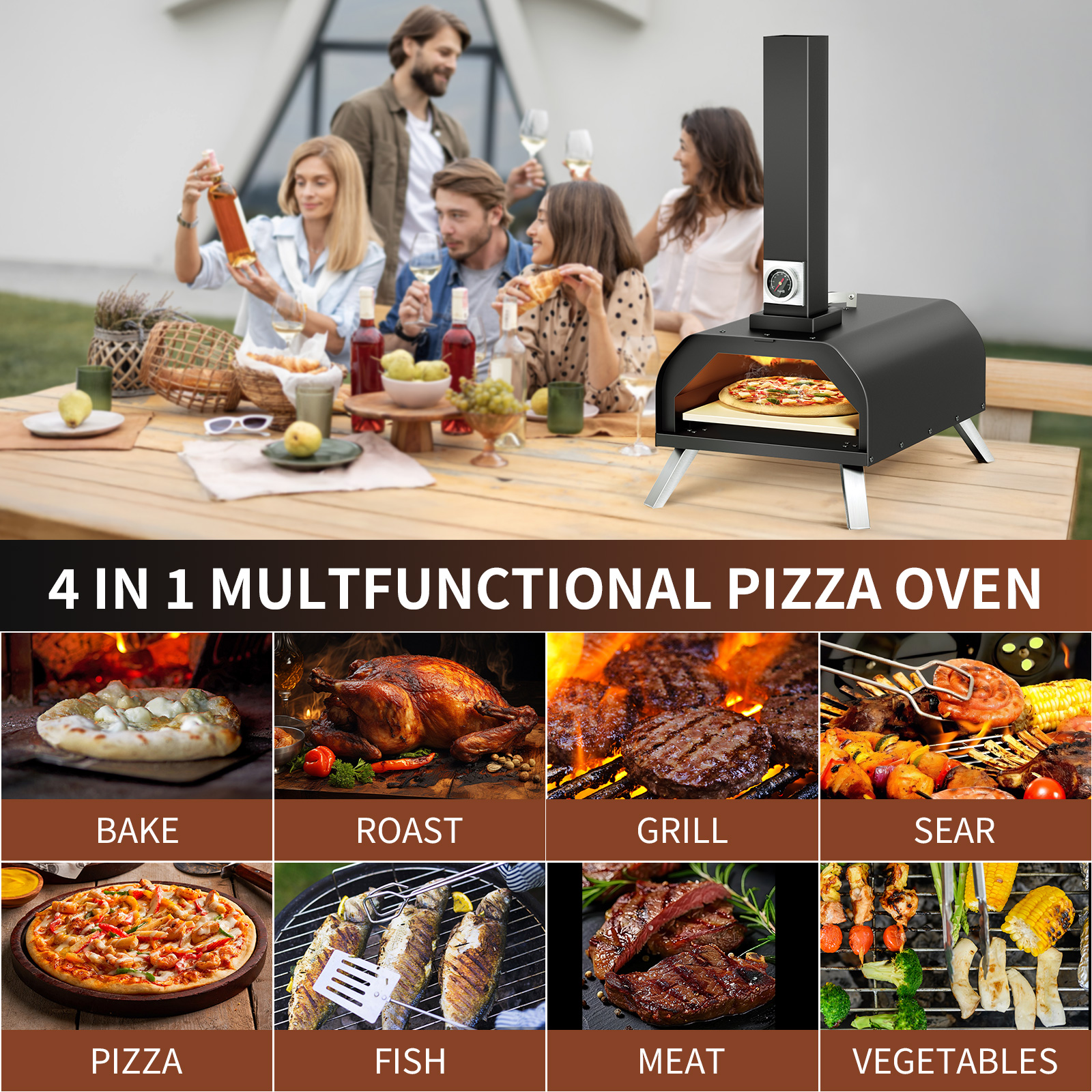 KingChii Wood Fired Pizza Oven Tabletop Wood Pellet Pizza Stove with 11” Pizza Stone Ideal for Outdoor Backyard Camping Picnics