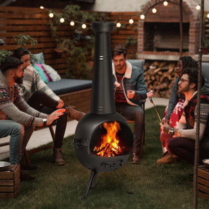 KingChii Chiminea Outdoor Fireplace, Wooden Fire Pit for Patio Backyard with Cover, Black