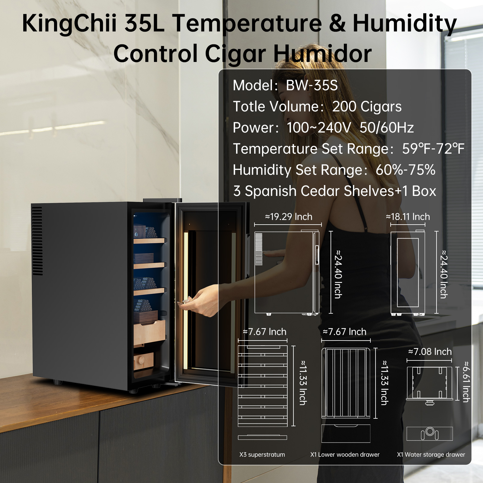 KingChii Upgrade 35L Temperature & Humidity Control Cabinet, Built-in Humidification System with Spanish Cedar Wood Shelves & Drawer Hygrometer Father's Day Gifts For Men