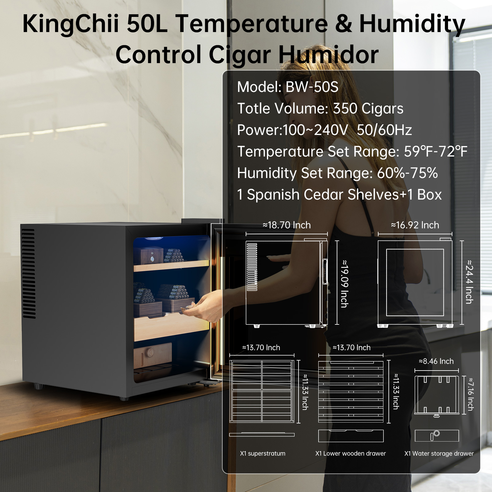 KingChii Upgrade 50L Temperature & Humidity Control Cabinet, Built-in Humidification System with Spanish Cedar Wood Shelves & Drawer Hygrometer Father's Day Gifts for Men( (350 Cigars)