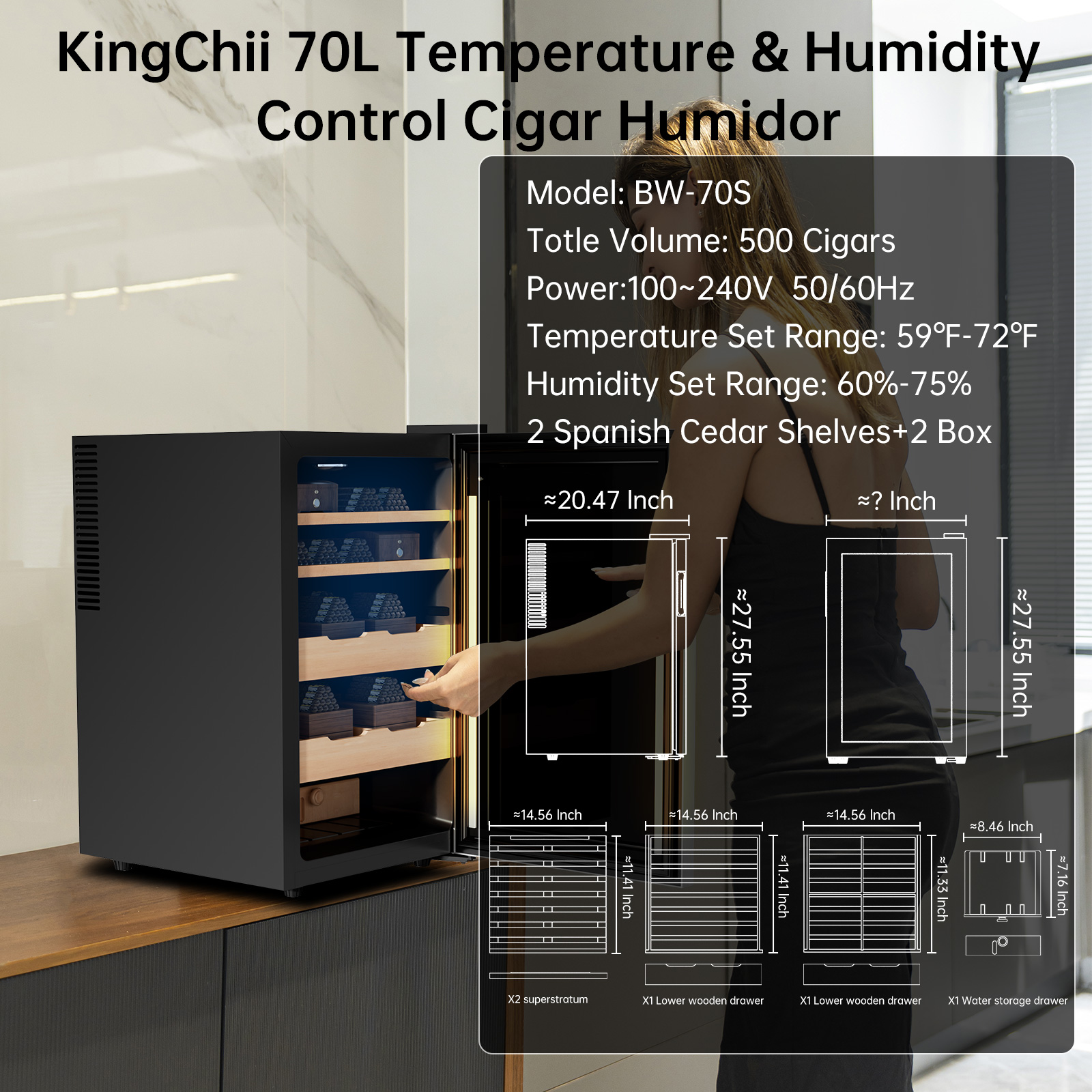 KingChii Upgrade 70L Electric Temperature & Humidity Control Cigar Humidor, Built-in Humidification System with Spanish Cedar Wood Shelves & Drawer Hygrometer Father's Day Gifts For Men(500 Capacity)
