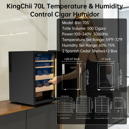 KingChii Upgrade 70L Electric Temperature & Humidity Control Cigar Humidor, Built-in Humidification System with Spanish Cedar Wood Shelves & Drawer Hygrometer Father's Day Gifts For Men(500 Capacity)