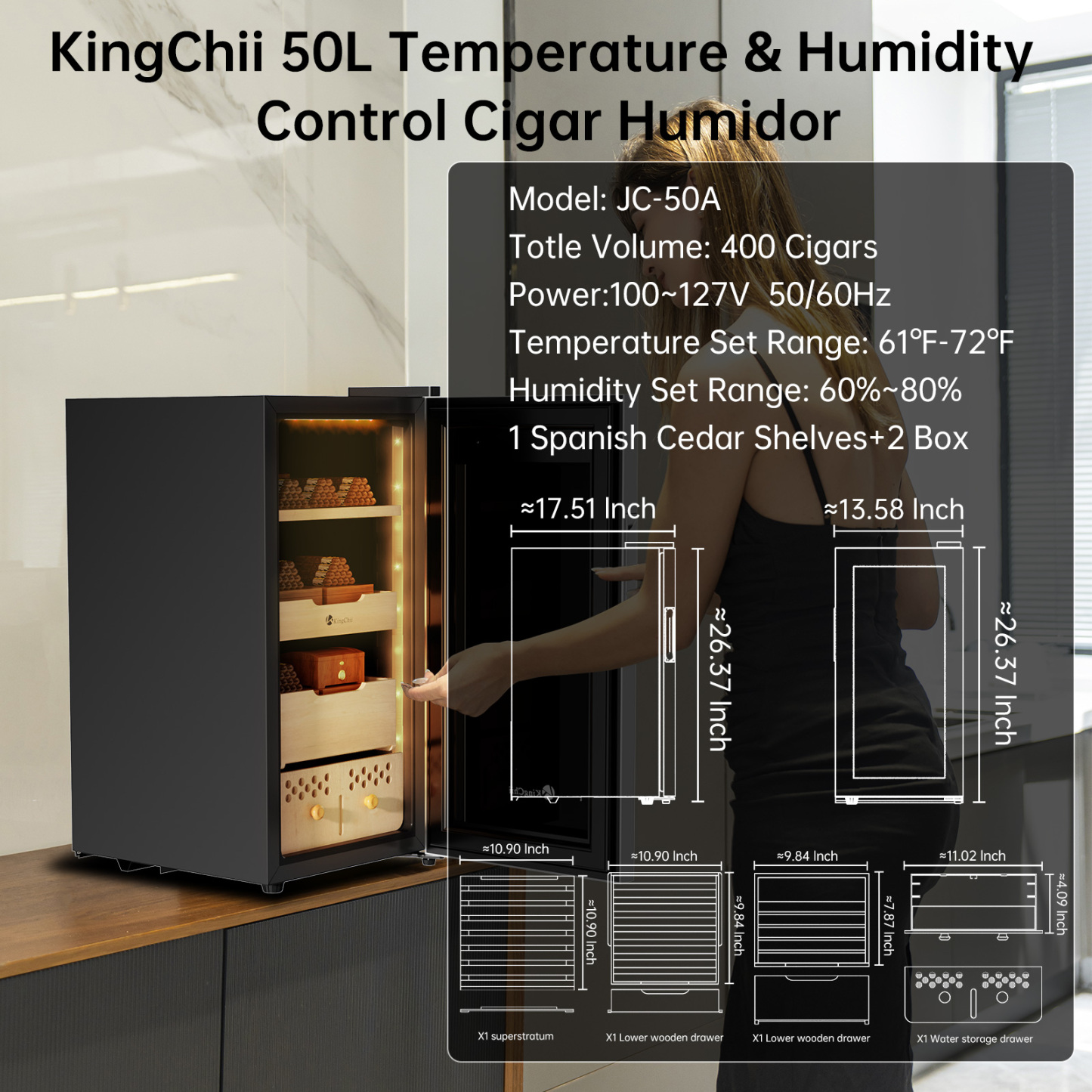 KingChii Upgrade 50L Electric Cigar Humidor, Compressor Temperature (64-72℉) & Humidity (60%-84%) Control, with Spanish Cedar Wood Shelves & Drawer, Gifts for Men (400 Cigars)