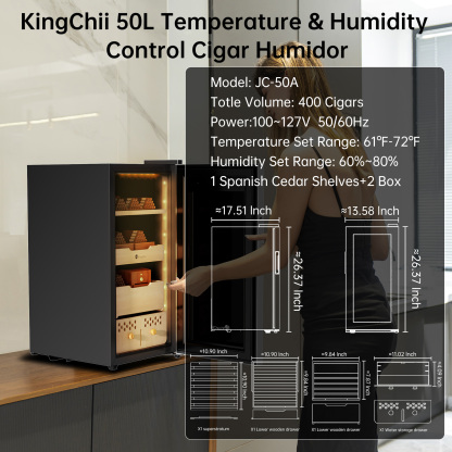 KingChii Upgrade 50L Electric Cigar Humidor, Compressor Temperature (64-72℉) & Humidity (60%-84%) Control, with Spanish Cedar Wood Shelves & Drawer, Gifts for Men (400 Cigars)